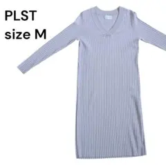 PLST リブニットワンピース ベージュ M 細見え Vネック 春