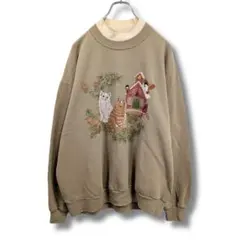 プリントスウェット　USA　アニマル　猫　鳥　古着　ベージュ　AM83