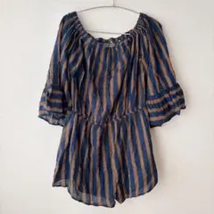 オールインワン ショートオールインワン ストライプ ネイビー オフショルダー