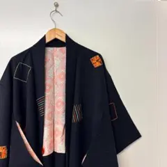 【一品物】正絹 黒 刺繍 羽織 幾何学 和柄 モダン レトロ ヴィンテージ