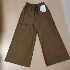ブラウン　リネン ワイドパンツ　ゆったりウエストゴム