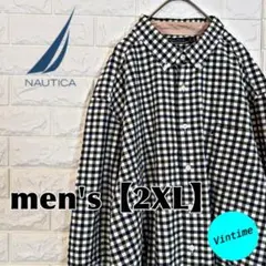 y240【NAUTICA】刺繍ロゴ長袖ボタンシャツ【メンズ2XL】チェック柄