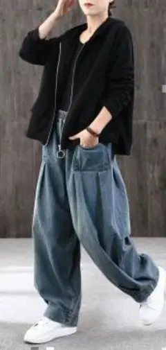 ［新品］デニムワイドパンツ　ユニセックス　Lサイズ　ゆったり　ルーズジーンズ