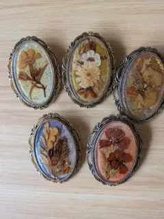 レトロ　押し花デザイン ブローチ 5個セット