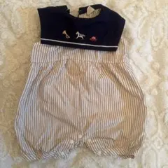 cotton ストライプ柄ロンパース　刺繍付き