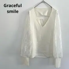 Gracefulsmile ホワイト Vネック レース袖 トップス リブ編み