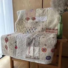 未使用❁大判　エンブロイダリー　アイボリー　パッチワークカンタキルトマルチカバー