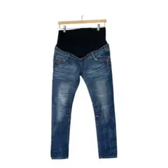 マタニティパンツ ストレッチデニムパンツ 赤刺繍 ウォッシュ加工（M）