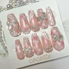 ♥現品♥ネイルチップ 春 桜×蝶×レース 和風 フレンチガーリー ワンホン