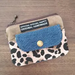 デニムリメイクポーチ☆カードポケット付きマルチポーチ☆コインケース☆レオパード