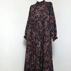 クラシカル調　ロングワンピ　フリルネック　ギャザー切替　レトロ　ゆるだぼ