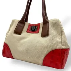 フルラ トートバッグ 腕掛け キャンバス レザー ベージュ系 ターンロック ロゴ