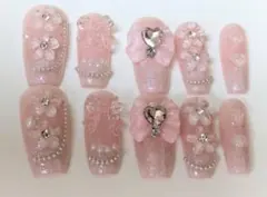 ピンク フラワーリボン ネイルチップ 10個セット