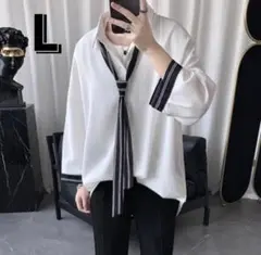 メンズ　シャツ　モード　韓国　秋服　ストライプネクタイ付きシャツ　ホワイト　L