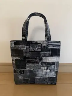 黒　デニム風プリント　ミニ　トートバッグ　ハンドメイド