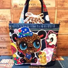 デニムリメイクトートバッグ 巾着バック パッチワークレトロ ハンドメイド