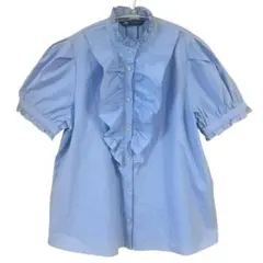 お値下げ ZARA フリル ブラウス 半袖 シャツ スタンドカラー ブルー