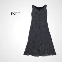 日本製★INED ドット柄 ノースリーブ Vネック ワンピース 7 黒 ギャザーのサムネイル