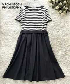 【訳あり美品】マッキントッシュフィソロフィー リネン混ボーダーワンピース38 紺