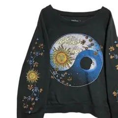 BNCJ ラグラン スウェット 古着 黒 宇宙 太陽 月 袖プリント