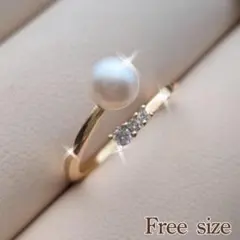 パールリング ゴールド指輪 淡水真珠ジルコニア冠婚葬祭デイリー フリーサイズ新品