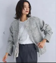 ミックスツイードライクポケットノーカラージャケット　グリーンレーベル　38 M