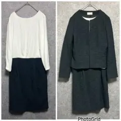 PLST ツイード　ノーカラー　ジャケット　ワンピース　セットアップ　ネイビー