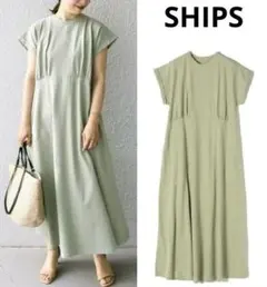 SHIPS シップス ウエストギャザーAラインワンピース ライトオリーブ