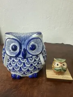 陶器 フクロウの置物貯金箱大小セット ふくろう 梟縁起物 インテリア オブジェ