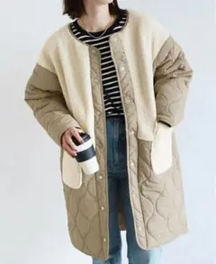 【値下げ中！】ノーカラーボア ひょうたんキルトコート ベージュ