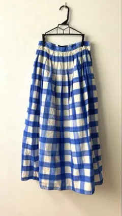 美品 綿100% ブルー×ホワイト チェック ロングスカート タックスカート