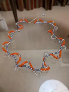 オレンジ・青・透明ビーズ ネックレス