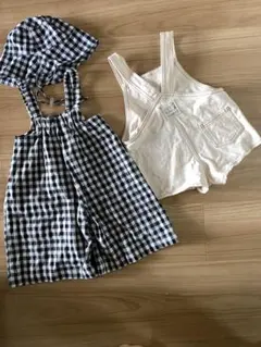 韓国子供服 チェック柄ロンパース・帽子セット2点