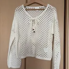 アイボリー 網目編み 長袖カーディガン