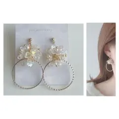 459 クリア 花 ゴールド ひねりリング ハンドメイド ピアス イヤリング 