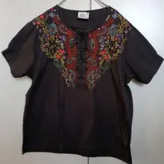 美品　刺繍ビーズスパンコールレースアップ半袖ブラウス　　 黒　TOGETHER