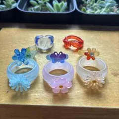 【昭和レトロ】フラワー、イルカ、クマ、蝶モチーフ リング 8点　デッドストック