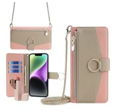 手帳型iPhoneケース　カード入れ　ミラー付き チェーンつき