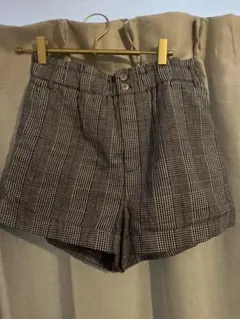 ブラウン チェック柄 ハイウエストショートパンツ