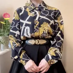 スカーフ柄 マリン ロープ シャツブラウス 昭和レトロ ヴィンテージ 一点物 黒