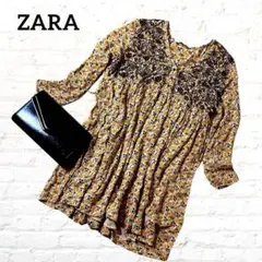 ZARA ザラ　刺繍　花柄　チュニック　ワンピース　レトロ感　オレンジ