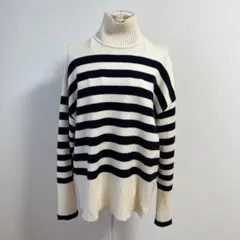 ZARA ハイネック　ボーダー　ニット　アイボリー　ネイビー