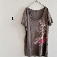 【L】花柄プリント カジュアル 半袖Tシャツ ブラウン