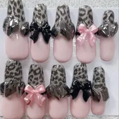 ヒョウ柄ギャルネイルリボン付きネイルチップ10個セット