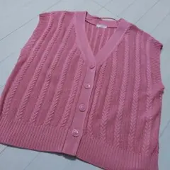 ピンク ケーブル編み ノースリーブカーディガン