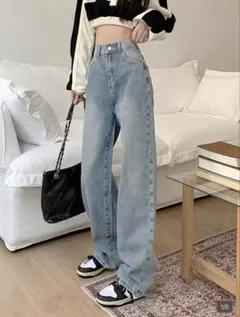 shein ワイドレッグ　ウォッシュドジーンズ　ダメージ　デニム