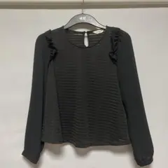 黒いストライプ長袖ブラウス　フリル　シースルー　韓国ファッション