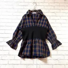 【LUNACION】チェック柄コルセット風ドッキングシャツMウエストゴム