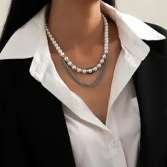 ステンレス ネックレス 数珠 パール ダブルチェーン シルバー #C473-1