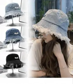 バケットハット　デニム　夏　日除け　デニムハット　バケハ　フリンジ